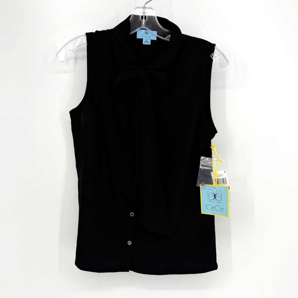 CeCe Sleeveless Bow Tie Blouse Womens XS Black Career Classic Minimalist Preppy - Picture 2 of 11